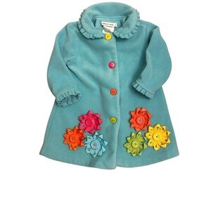 Allison Ann Turquoise Fleece Colorful Button Kids Coat Ribbon Floral Accents 18M